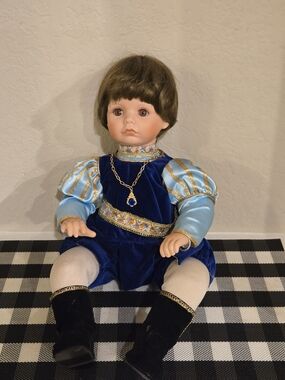 Danbury Mint Blue Velvet Prince Doll with Light Blue Sleeves and Gold Trim